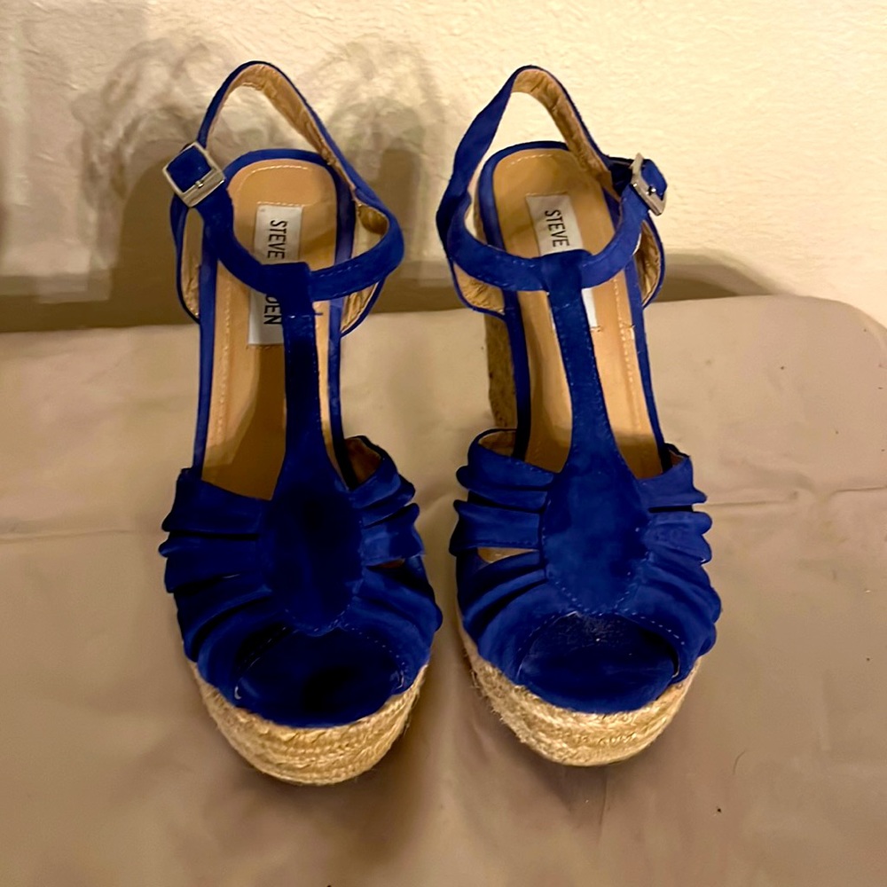 Blue suede wedges